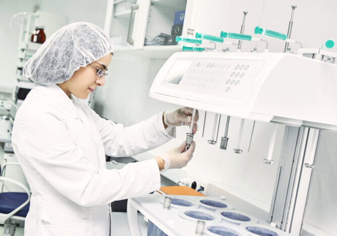 Pharmaceutical scientific  female researcher in protective uniform working with dissolution tester at pharmacy industry manufacture factory laboratory